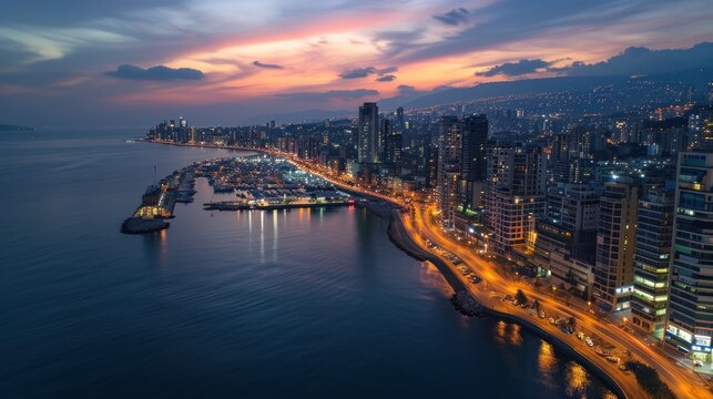 Aerial view of Beirut skyline at night
