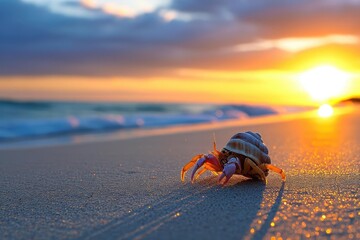 Solitary hermit crab scuttling along a sandy beach at sunset