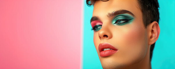 Charming transgender man with bright makeup on color background