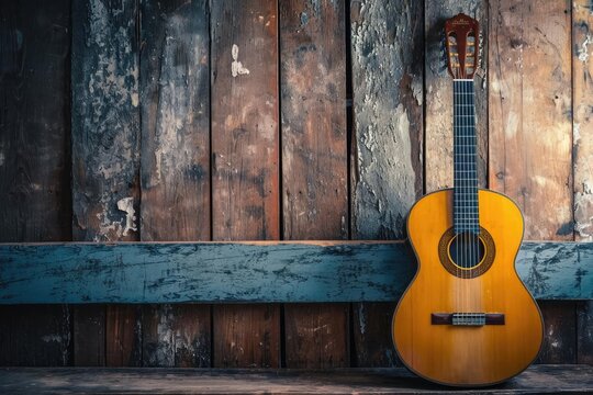 Solitary guitar leaning against a rustic wooden wall © Jelena