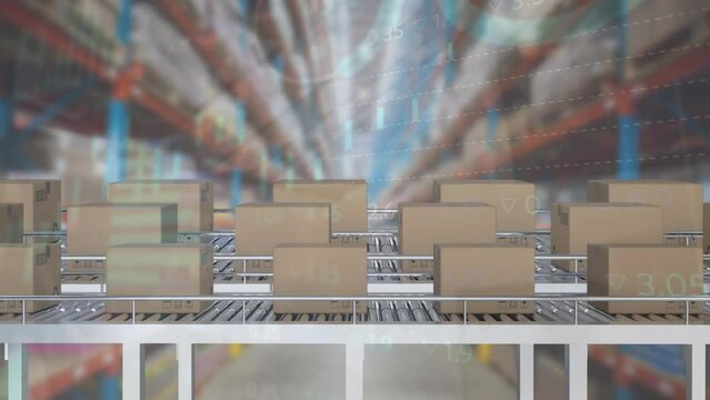 Animation of statistics and financial data processing over boxes on conveyor belts