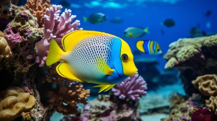 Fototapeta na wymiar Yellow and light blue fish in aquarium