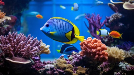 Fototapeta na wymiar Blue and yellow fish in the ocean