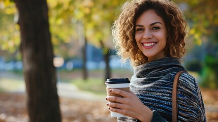 Attractive smiling hispanic young woman holding a coffee at a park looking at the camera