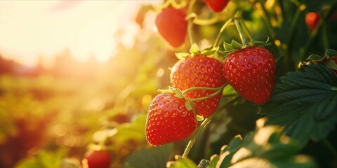 As the Sun Sets, a Lush Strawberry Field Flourishes: Organic Farming Yields Fresh, Ripe Berries, Natures Bounty, Generative AI