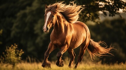 Strong Arabian brown horse on the meadow - obrazy, fototapety, plakaty