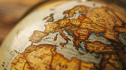 Close up of europe on an antique style globe