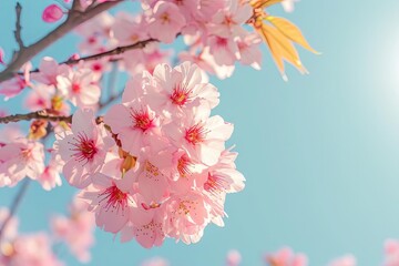 Sun-kissed cherry blossoms against a clear blue sky