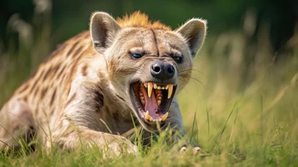 Fotobehang hyena in the grass roaring © Hussam