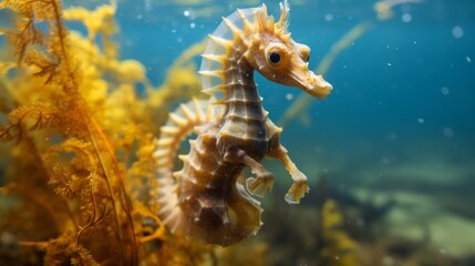seahorse swimming near the seaweed