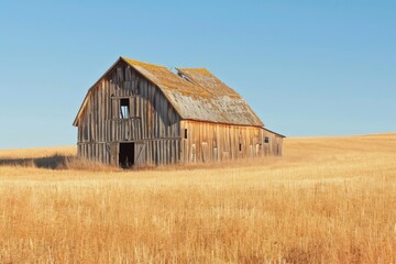 Weathered barn in a golden field under a clear blue sky