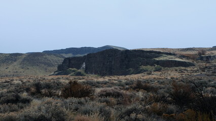 Rugged landscape in the outdoor wilderness of Frenchman Coulee on a bitter cold wintery fall season day in Washington state, USA