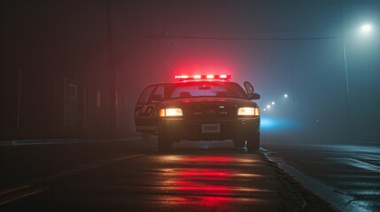 Halted police car with its lights and siren active, set against the backdrop of a night