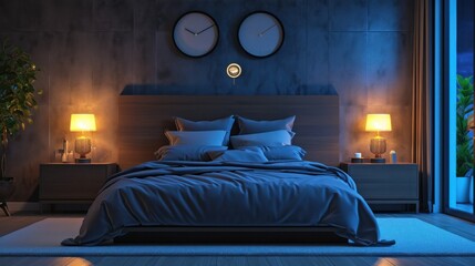 Modern bedroom interior at night, characterized by stylish and contemporary furnishings