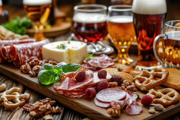 A platter of Belgian beer snacks, including artisanal cheeses, cured meats, and crispy pretzels - obrazy, fototapety, plakaty