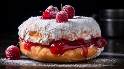 A round donut filled with coconut cream and coated with raspberry jam and pieces of raspberries and...