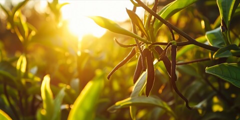 As the Sun Sets over a Vanilla Bean Plantation in Mauritius: Organic Farming Nurtures Fresh and Aromatic Vanilla Beans, a True Culinary Delight. Generative AI