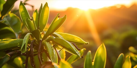 As the Sun Sets over a Vanilla Bean Plantation in Mauritius: Organic Farming Nurtures Fresh and Aromatic Vanilla Beans, a True Culinary Delight. Generative AI