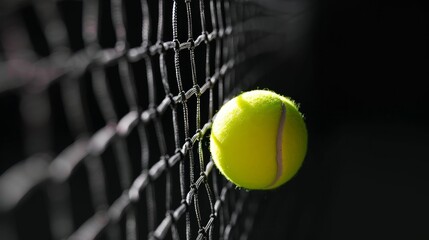 Tennis ball flying into the tennis net on black background