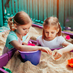 Dzieci bawiące się w piaskownicy - obrazy, fototapety, plakaty