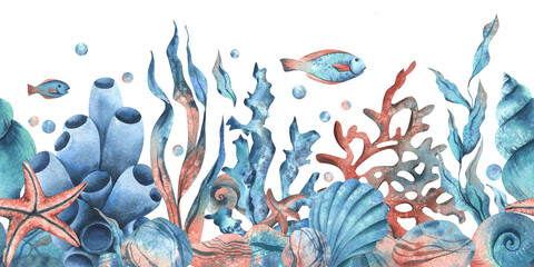 Underwater world clipart with sea animals whale, turtle, octopus, seahorse, starfish, shells, coral and algae. Hand drawn watercolor illustration. Seamless border isolated from the background. © NATASHA-CHU