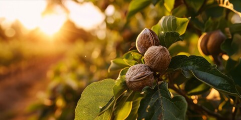 As the Sun Sets, a Bountiful Walnut Tree Plantation Thrives: Organic Farming Yields Fresh, Ripe Nuts, Nourishing Both Humans and Squirrels. Generative AI
