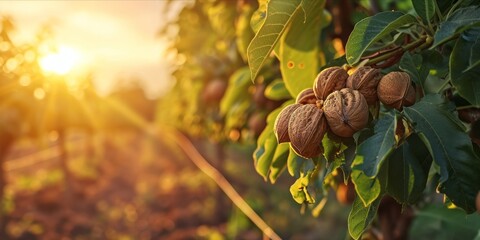 As the Sun Sets, a Bountiful Walnut Tree Plantation Thrives: Organic Farming Yields Fresh, Ripe Nuts, Nourishing Both Humans and Squirrels. Generative AI - obrazy, fototapety, plakaty
