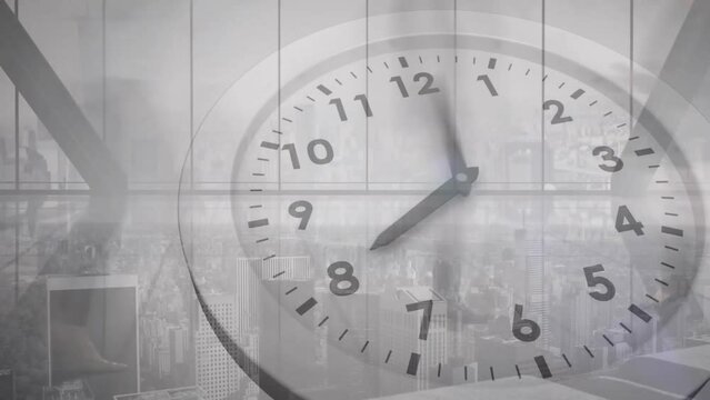 Animation of clock ticking over busy city