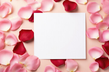 Obraz premium Blank card and rose petals on pastel pink background.