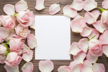 Pink and white rose petals with blank card on wooden background.