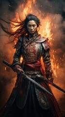 Ancient asian female fighter, holding a long stick, dust on her face, long hair flying in the wind, smoke, fire everywhere, scratches