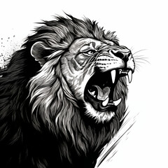 Close up of the head of an aggressive and wild lion ready to attack illustrated illustration black and white nature generative ai