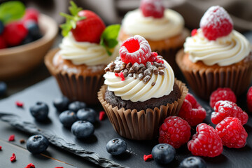 Chocolate cupcakes with cream cheese frosting and fresh berries, lovely and delicious dessert snack background. Chocolate cupcakes with cream cheese frosting and fresh berries. Chocolate cupcakes 