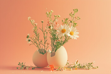 Beautiful flowers in eggshells on soft peachy background, vintage style