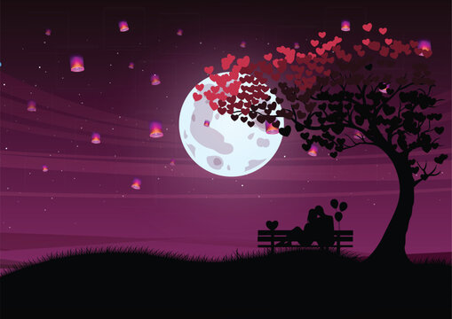 Valentine's Day Background Silhouettes Couple Enjoying Moonlight Romantic Moment 