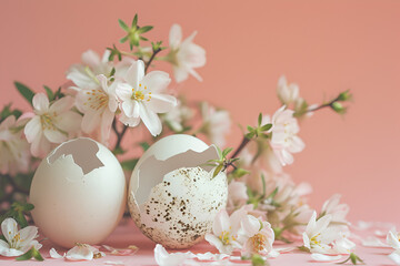Obraz na płótnie Canvas White egg shells with white flowers on a peach fuzz background