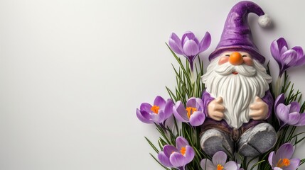 Sales banner with cute little ceramic gnome with spring decoration, crocus flowers