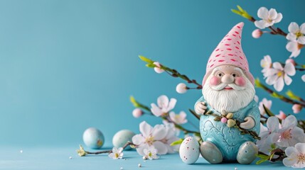 Sales banner with cute little ceramic gnome with spring decoration, free copy space