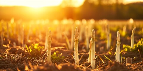 Sundown at an Organic White Asparagus Plantation: Nurtured by Dedicated Farmers, Fresh and...