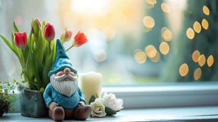  cute little ceramic gnome , stay on windowsill with spring decoration