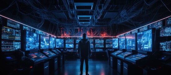 Secretly located hacker orchestrates extensive cyber-attack on company servers from a dimly lit, neon-filled server room.