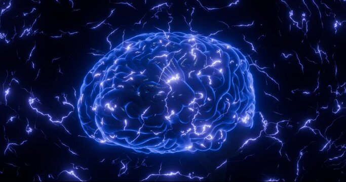Artificial intelligence brain animation with effects of neural connections in the form of electric flowing lights conveying information. Concept of utilizing AI as a superbrain. 3d render