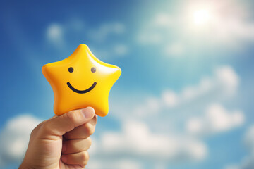 Happy Face Rating Icon in Bright Daylight Bright and cheerful scene with a customer displaying a happy face rating icon, set against a vibrant daytime sky. Space for survey-related text . Generative A