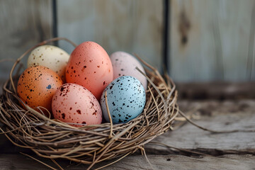 Naklejka na ściany i meble Colorful easter eggs in a nest