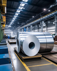 rolls and sheets of stainless steel in a factory or at a construction site - obrazy, fototapety, plakaty