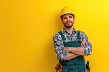 Man with electric tool ready for renovation works on color background - obrazy, fototapety, plakaty