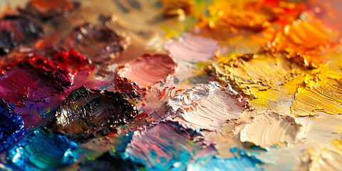 Obraz na płótnie Canvas Uma fotografia em close-up de uma paleta cheia de tintas a óleo vibrantes, mostrando os materiais e cores usados na criação de uma obra de arte.