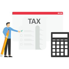 financial management concept. Character calculates and fills taxes from, analyzes public finances, puts a tick in a checklist. Financial audit concept. Flat cartoon vector icon.

