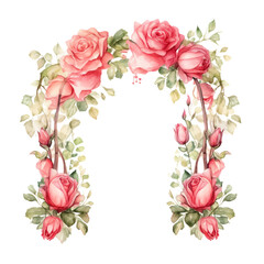 Watercolor painting of a romantic rose-covered archway, evoking a whimsical garden atmosphere.
