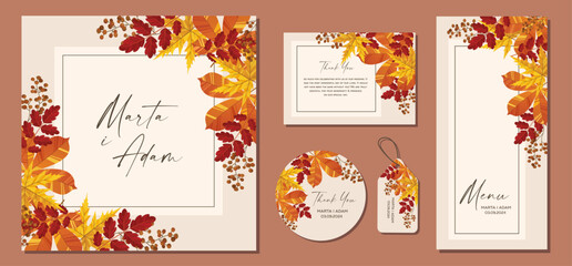 Wedding Invitation, menu card. Leaves design autumn foliage collection oak, maple, chestnut and ash. Vector elegant cute rustic greeting, invite postcard.